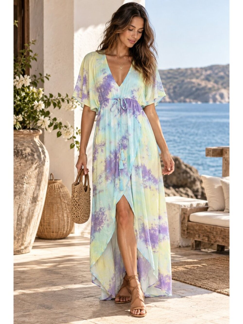 TIARE HAWAII Tie Dye NEW Honeysuckle Maxi Dress Boho Beachy V Neck OS M